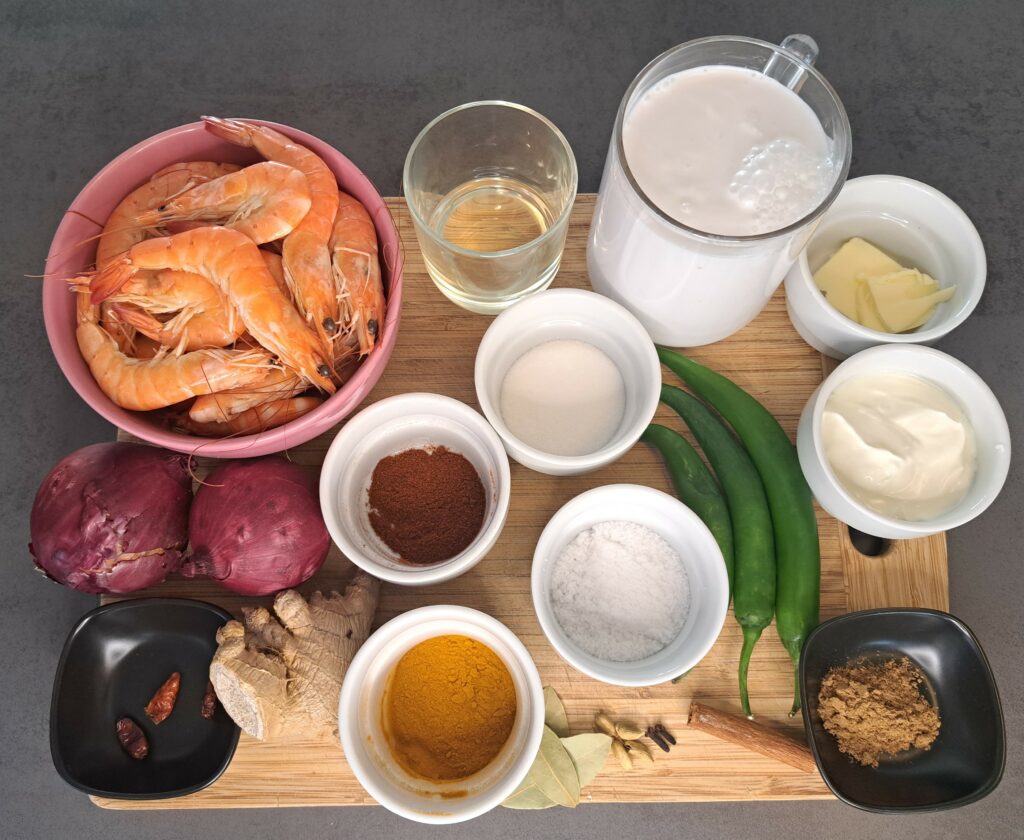 Chingri Malaikari – Bengalisches Garnelen-Curry-Zutaten